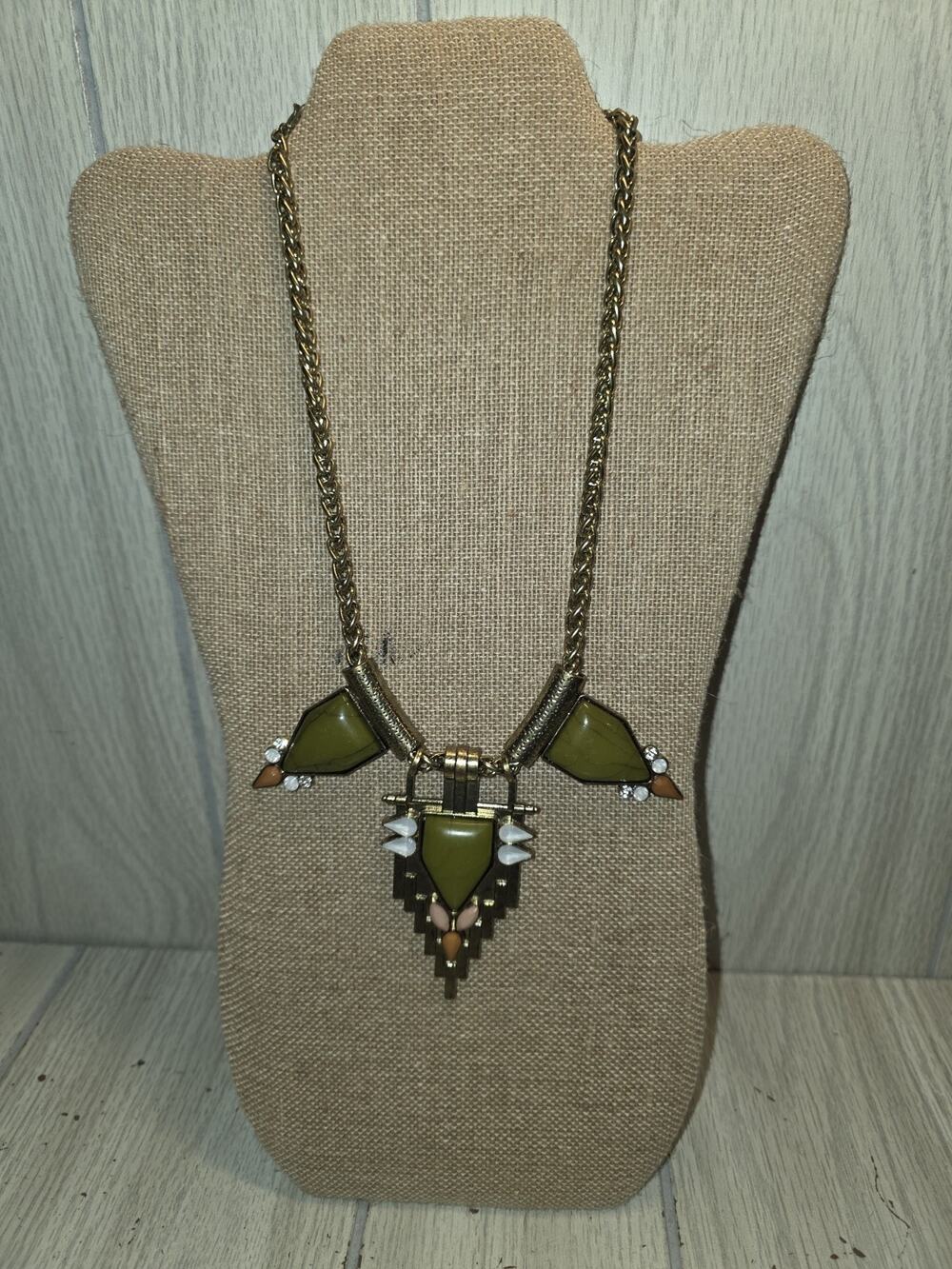 Vtg Statement Necklace Steampunk Art Deco Olive Green Peach Brass Heavy Chain